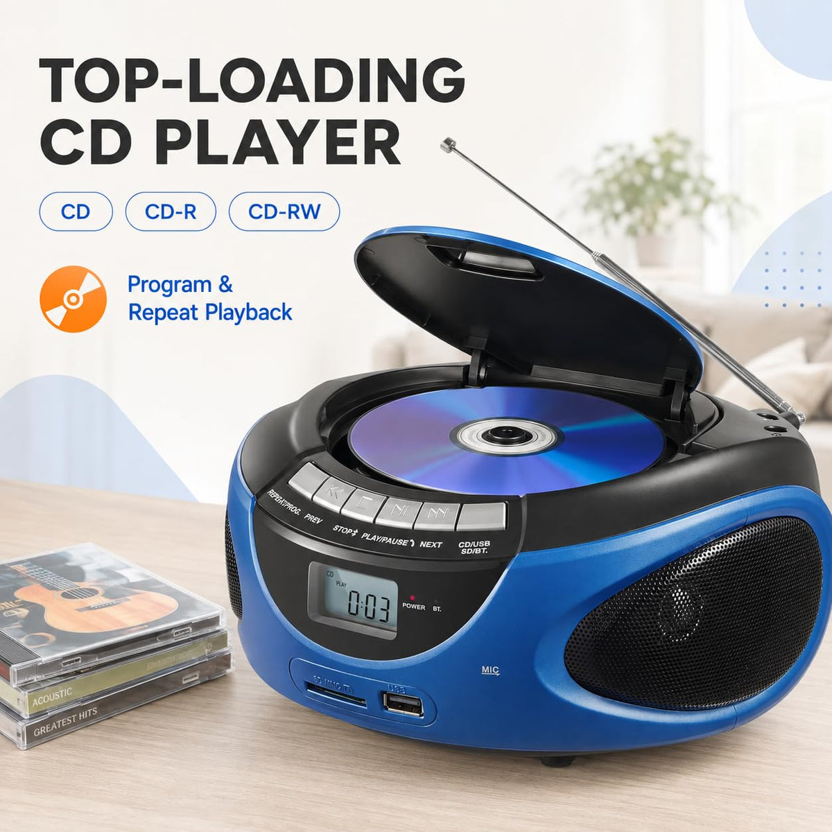 Portable CD Player with Bluetooth AM FM Stereo Radio Blue Q981