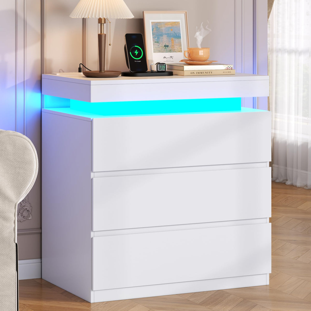 White Nightstand with Charging Station and LED Lights S52358