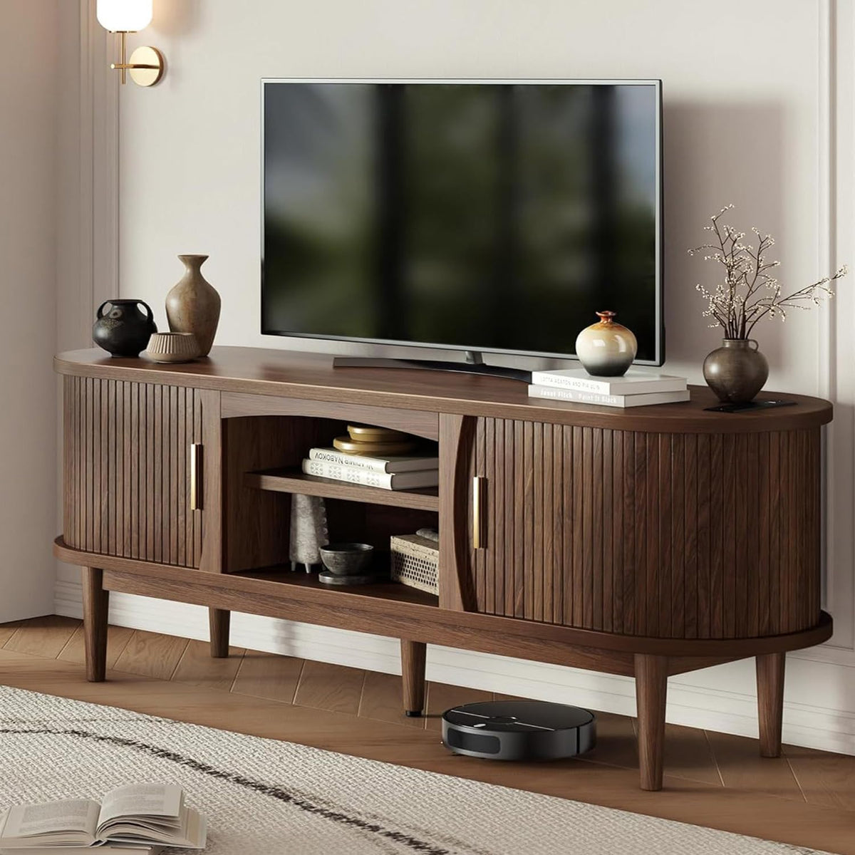 Mid Century TV Stand with Storage and Sliding Doors P645418
