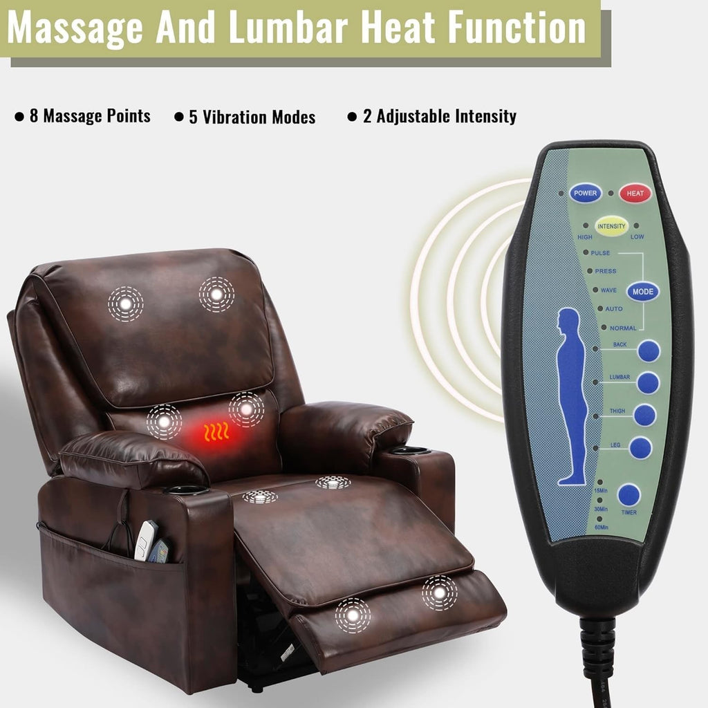 Brown Leather Power Lift Recliner Chair with Massage and Heated A954
