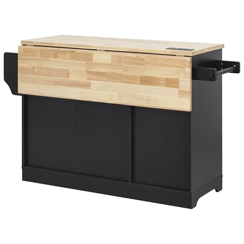 Black Kitchen Island with Storage and Drop Leaf V144