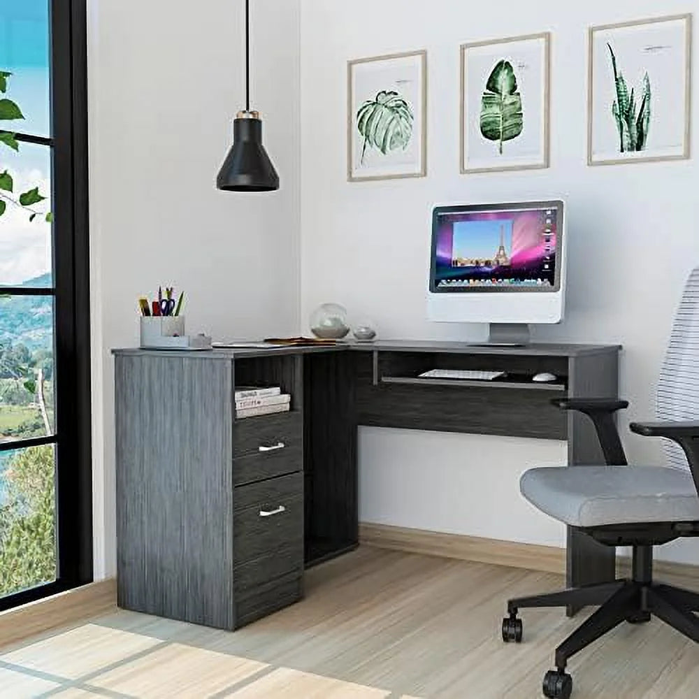 Walnut Wood Computer Desk with Drawers and Bookshelf M589
