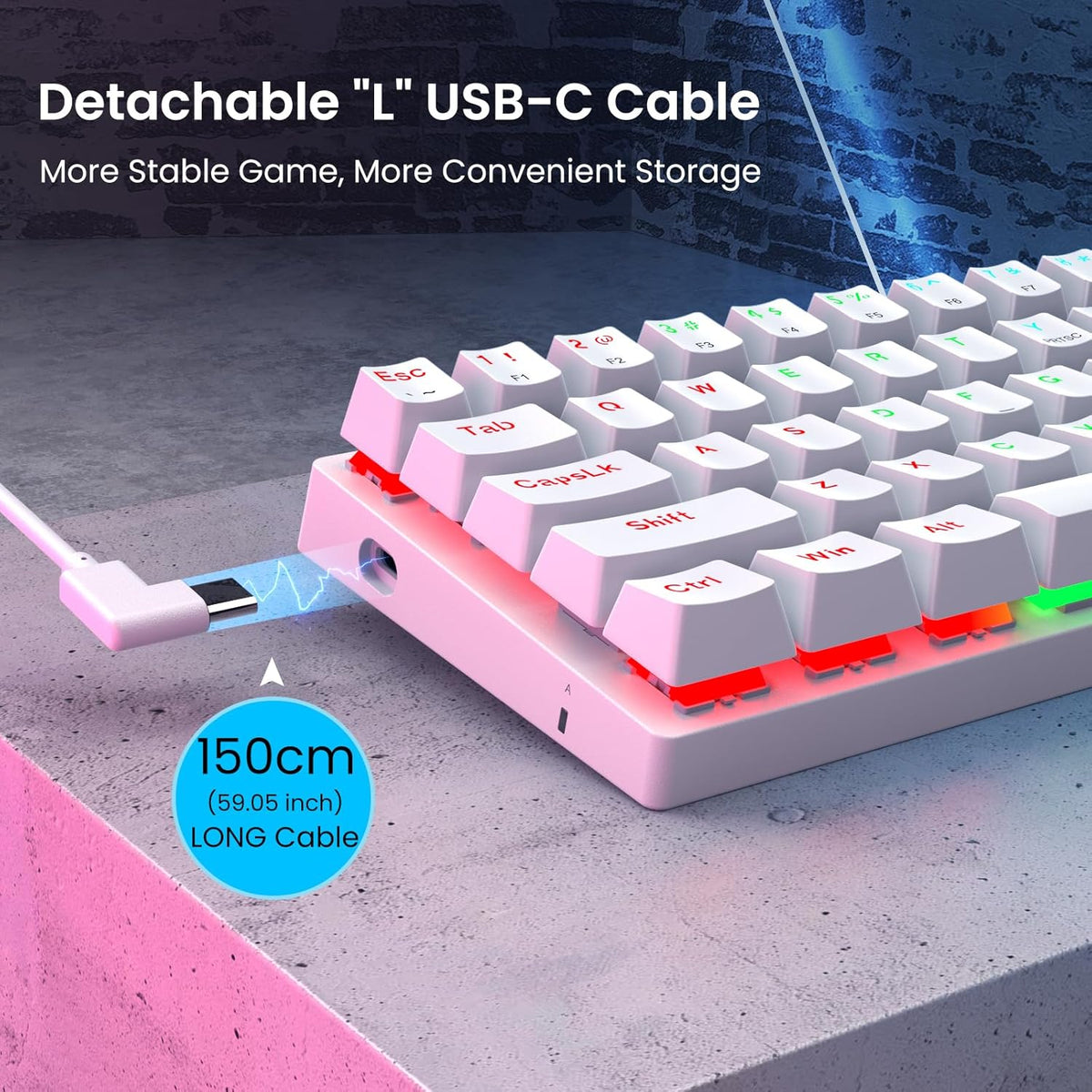 White 61 Keys Wired Mechanical Keyboard with Red Switches K760308