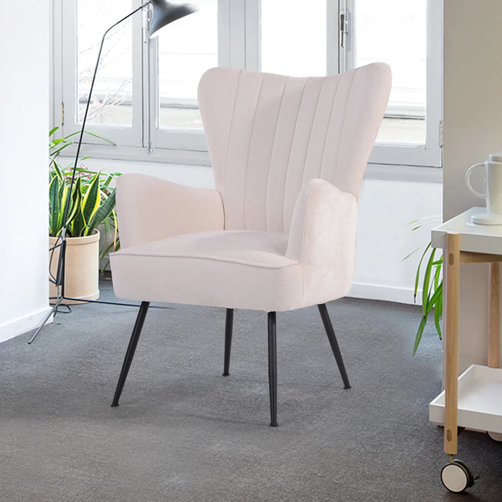 White Upholstered Fabric Accent Chair with Wooden Legs A659