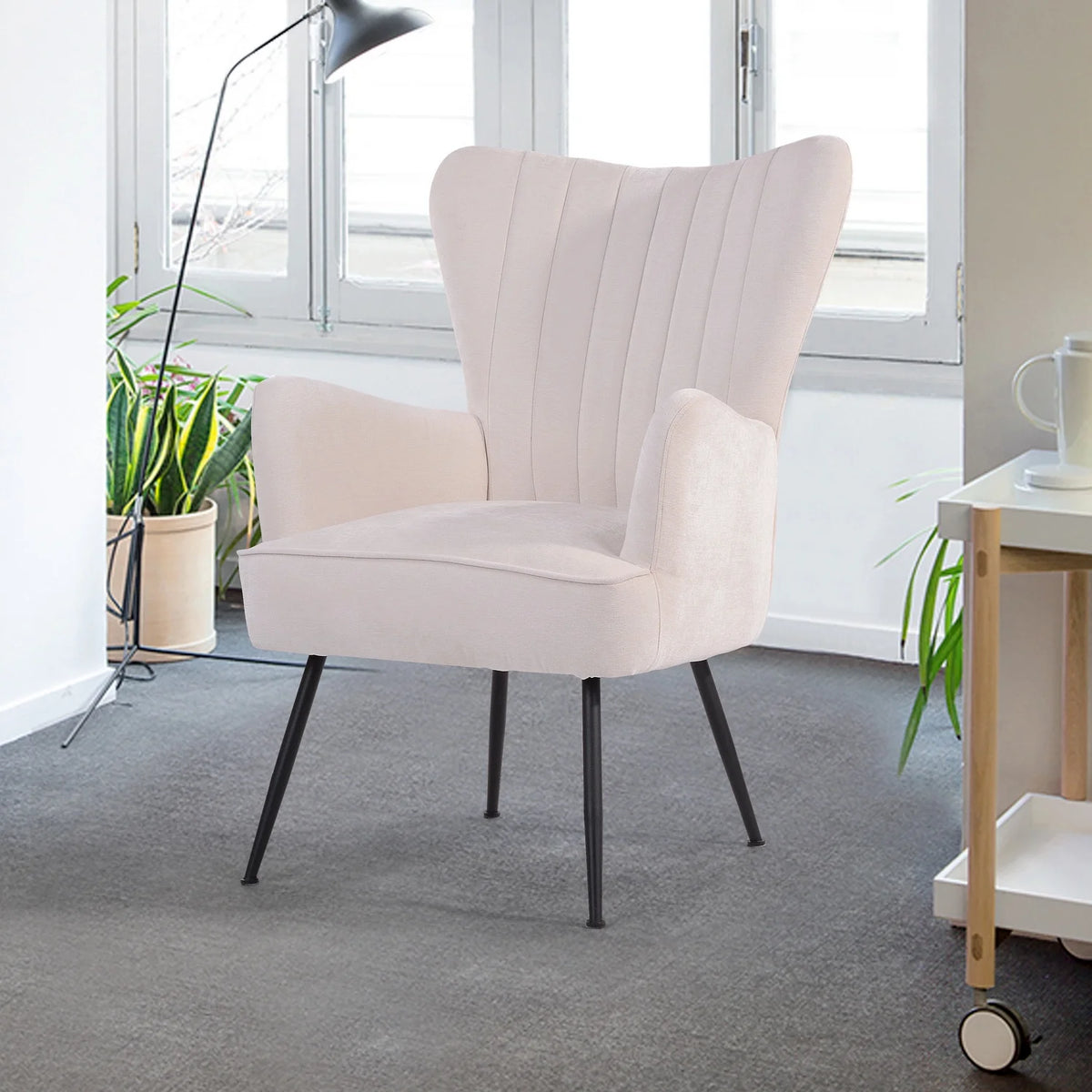 White Upholstered Fabric Accent Chair with Wooden Legs A659