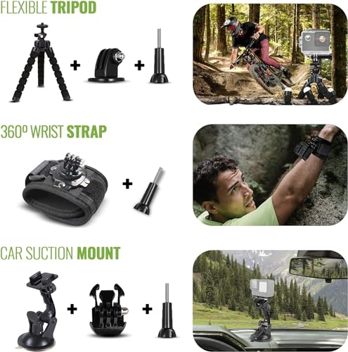 Black Waterproof Action Camera with 5.3K HDR Video, 27MP Photos, Stabilization + 64GB Card & 50 Piece Accessory Kit B45881