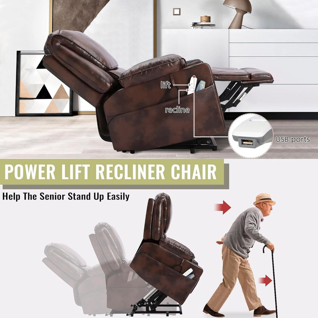 Brown Leather Power Lift Recliner Chair with Massage and Heated A954