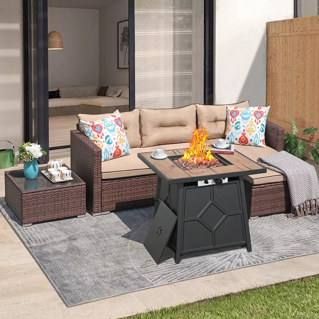 Beige 4 Piece Outdoor Wicker Sectional Sofa with Fire Pit Table J32701