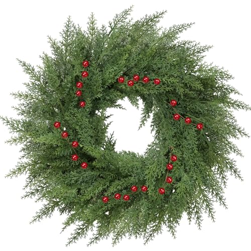 24 inch Real Touch Faux Cedar Wreath with Red Berries D70519