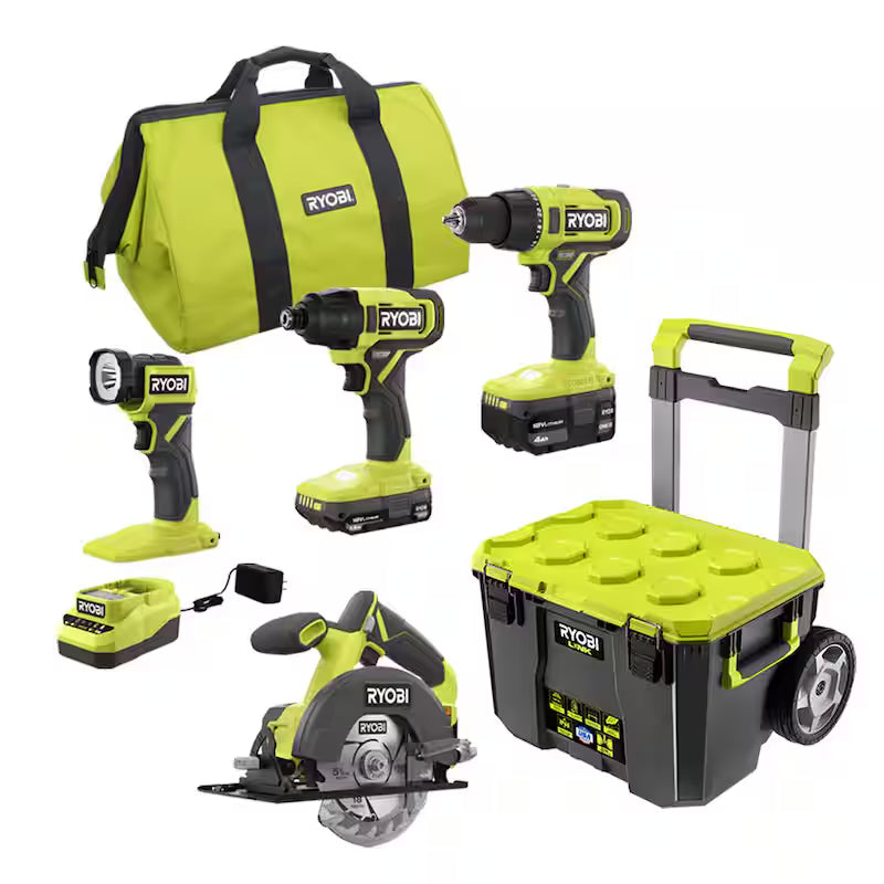 18V Cordless 4-Tool Combo Kit with Battery, Charger, and Rolling Tool Box Y799