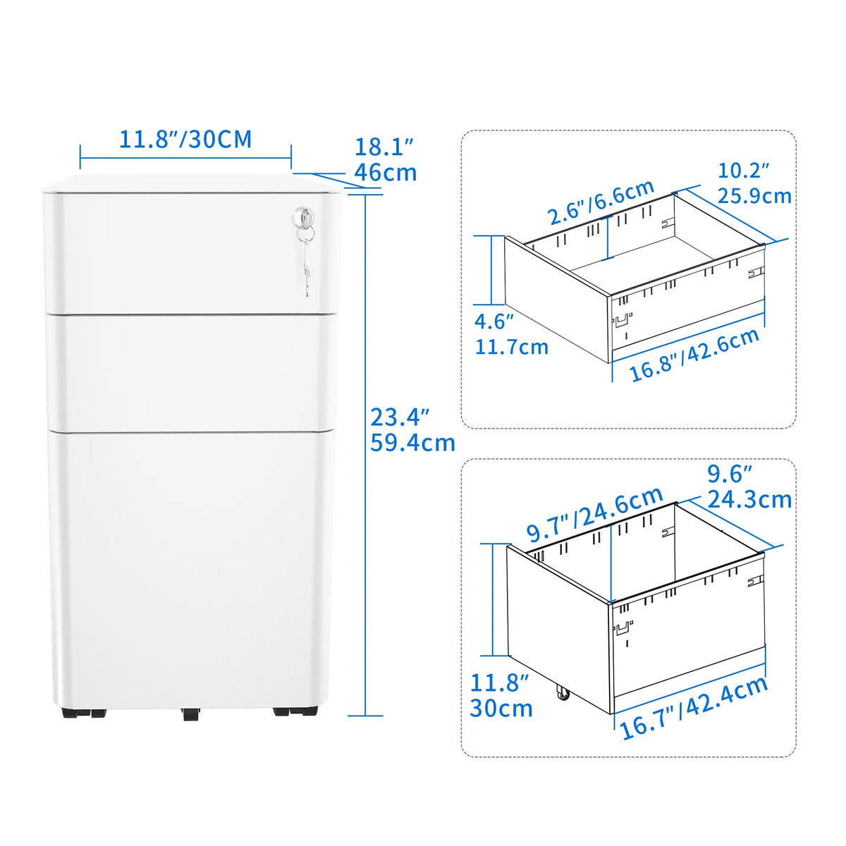 3-Compartment Locking Steel File Cabinet, White V710