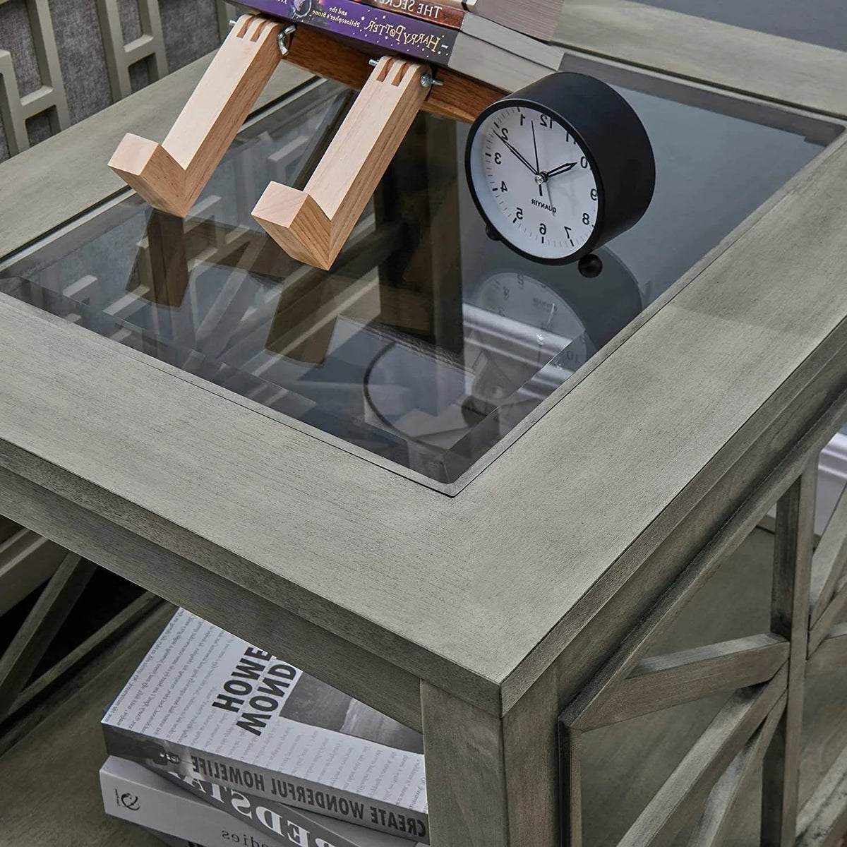 Square Wood End Table with Glass Top Grey D18642