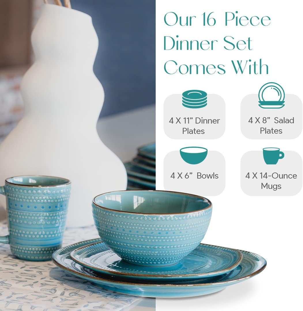 16-Piece Teal Stoneware Dinnerware Set U3105