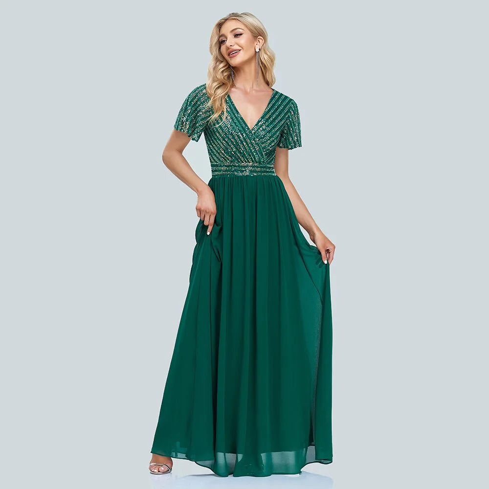 Green V-Neck Sequins Chiffon Formal Gown B296124
