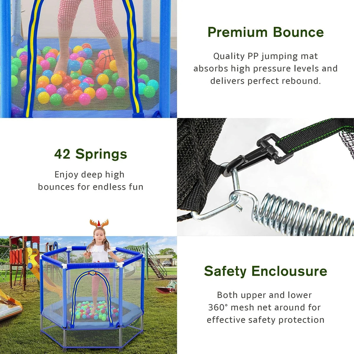 Green Mini Trampoline with Safety Enclosure Net and Pit Balls H728646