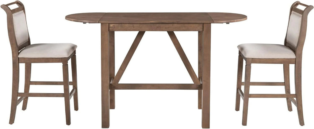 3-Piece Wood Counter Height Dining Table Set with 2 Upholstered Chairs and Drop Leaf A556