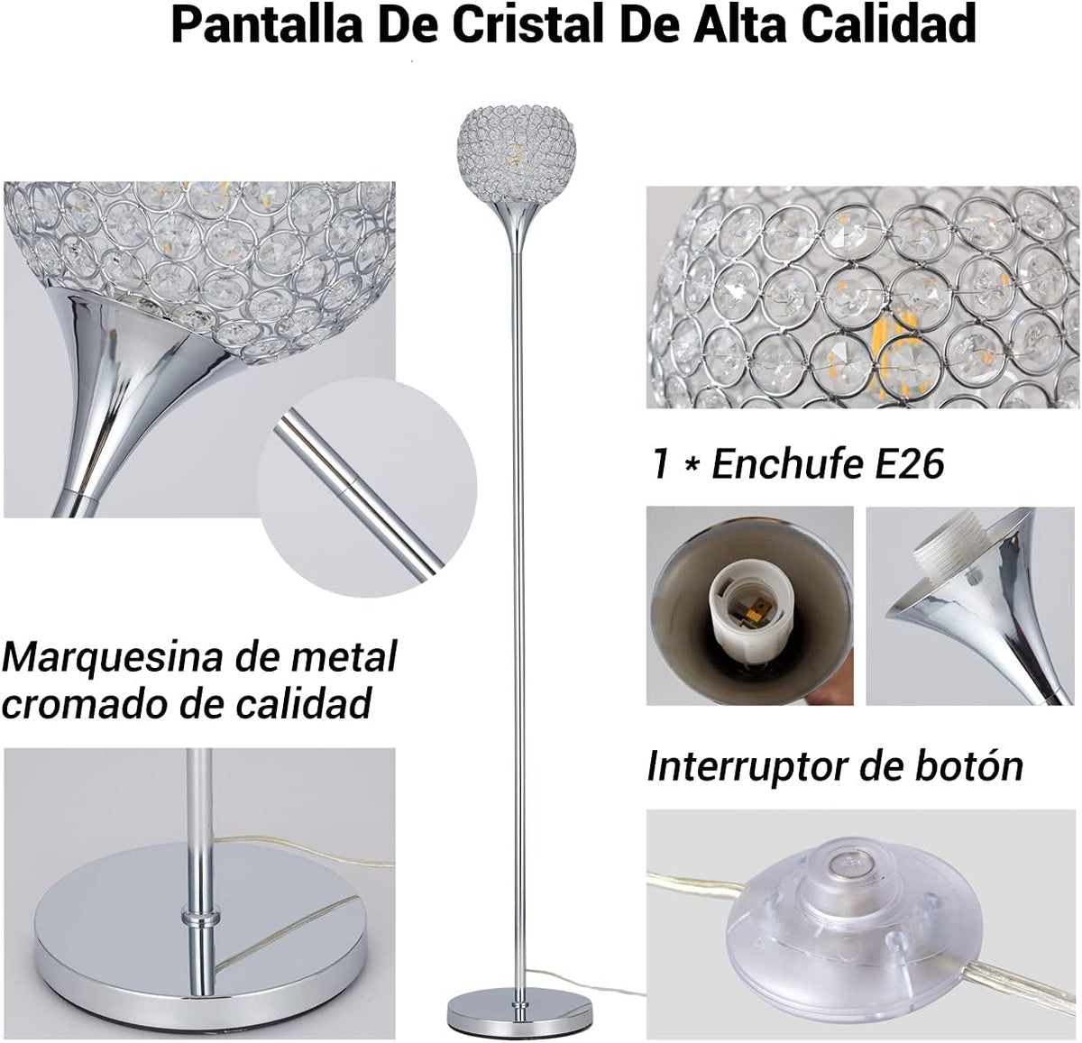 Spherical Crystal Floor Lamp, 1-Light Chrome Finish, E26 Base, LED Bulb Included W485