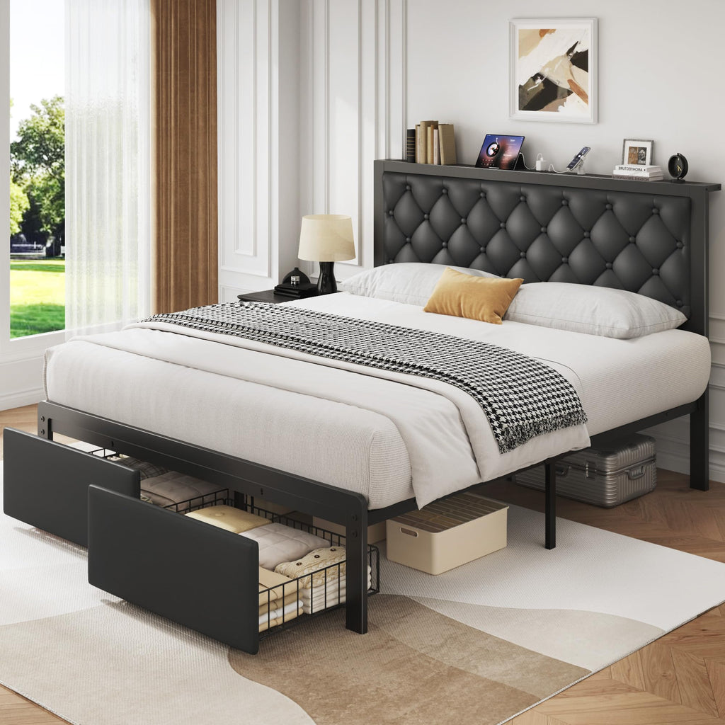 Queen Bed Frame with Upholstered Headboard and 2 Storage Drawers R491192