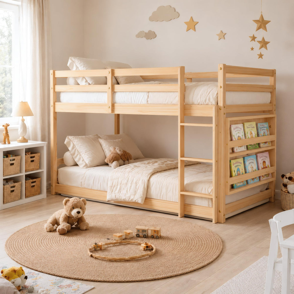 Twin Over Twin Wooden Bunk Bed with Ladder and Guardrails L411180