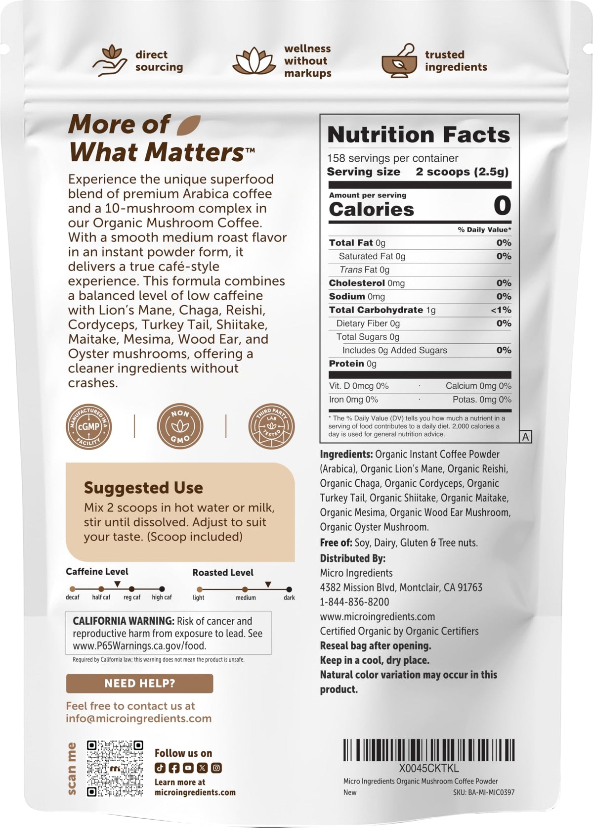 Organic Instant Mushroom Coffee, 14 oz Medium Roast Arabica D914