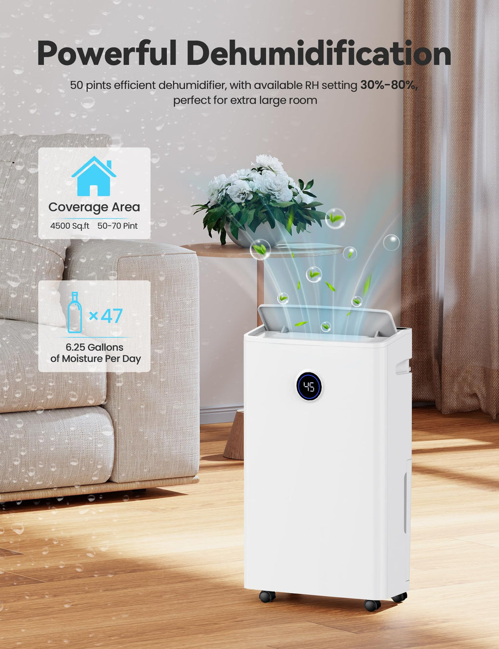 4500 Sq. Ft 50-70 Pints Dehumidifier with Drain Hose and 5L Water Tank D7611