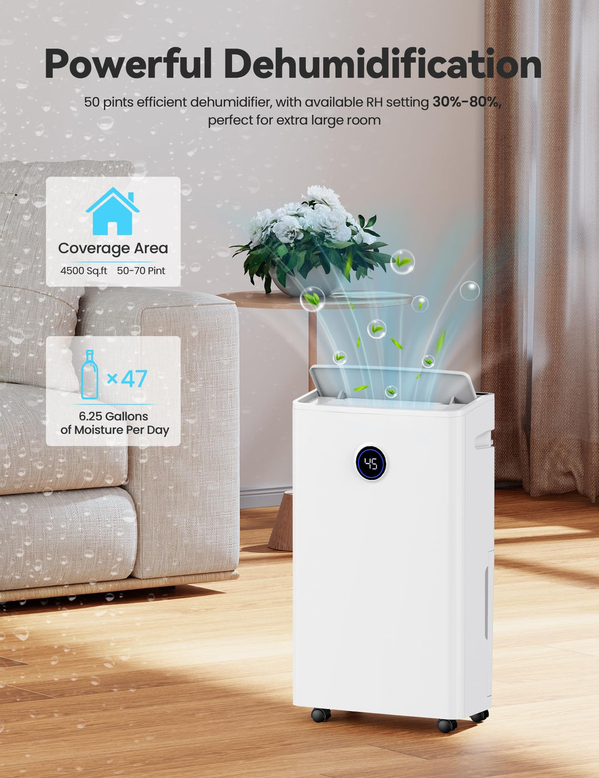 4500 Sq. Ft 50-70 Pints Dehumidifier with Drain Hose and 5L Water Tank D7611