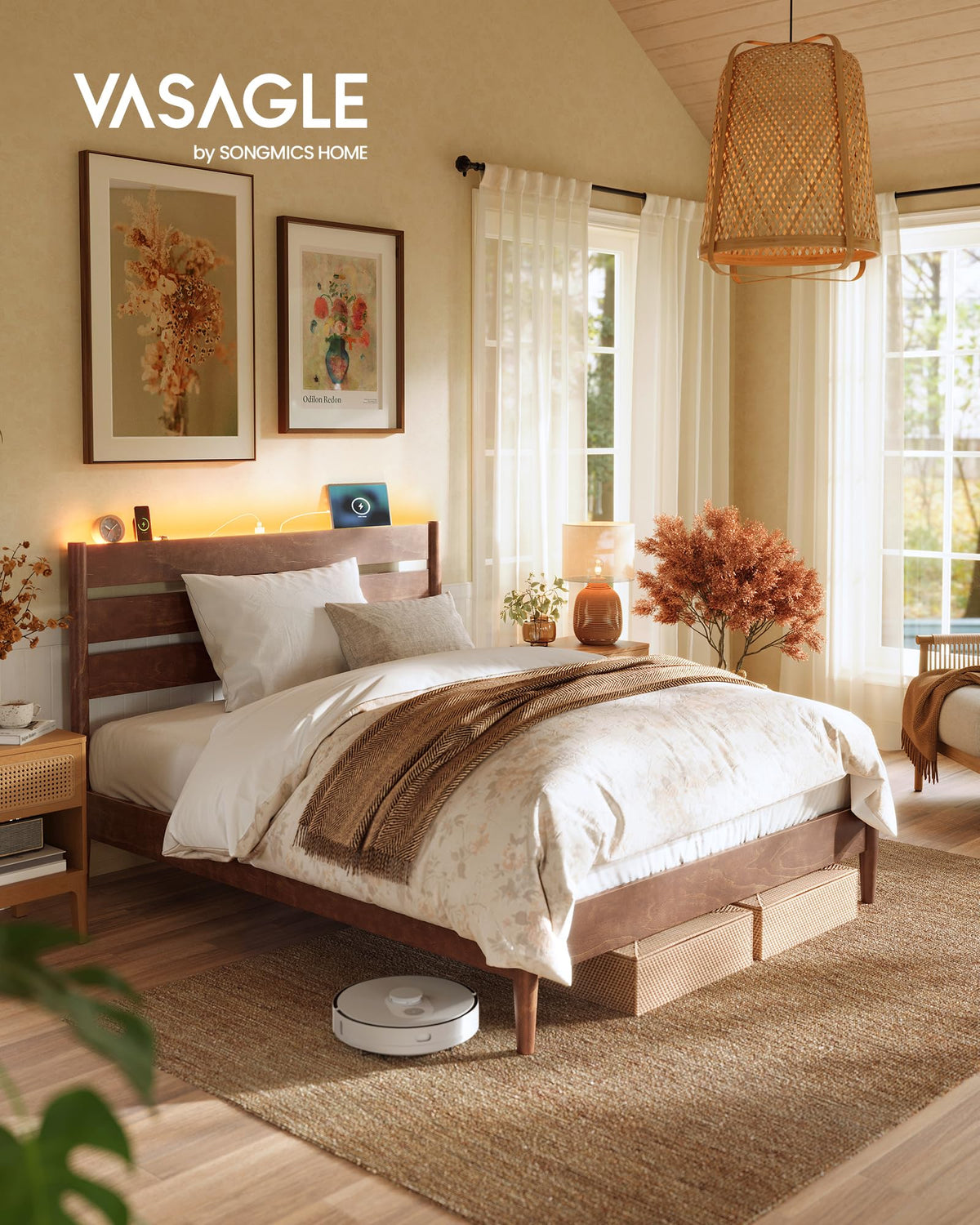 Full Wood Platform Bed with Headboard Storage Shelf O18593