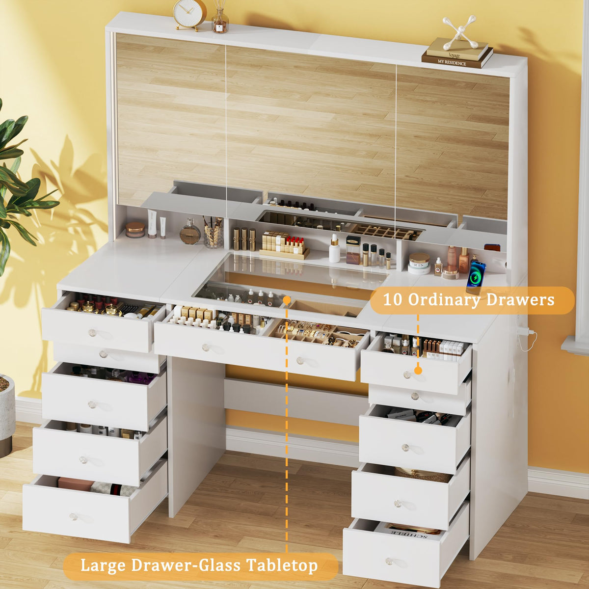 50'' White Glass Top Makeup Vanity with 11 Drawers and LED Mirror U302180