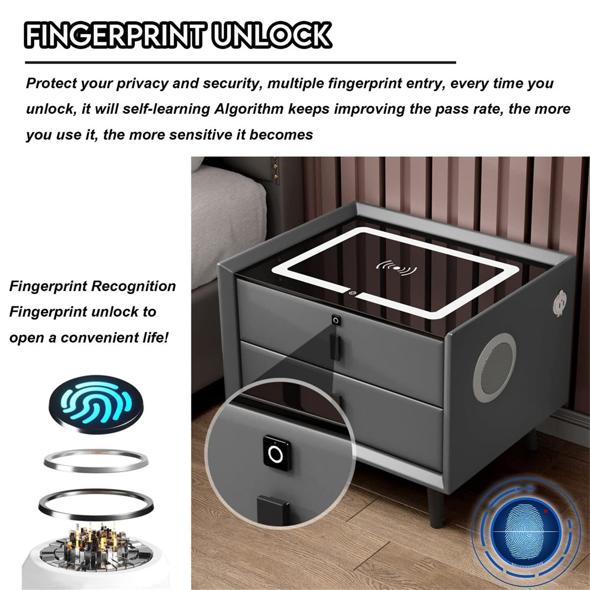 White Nightstand with Wireless Charging Station and Fingerprint Lock Drawer F67187