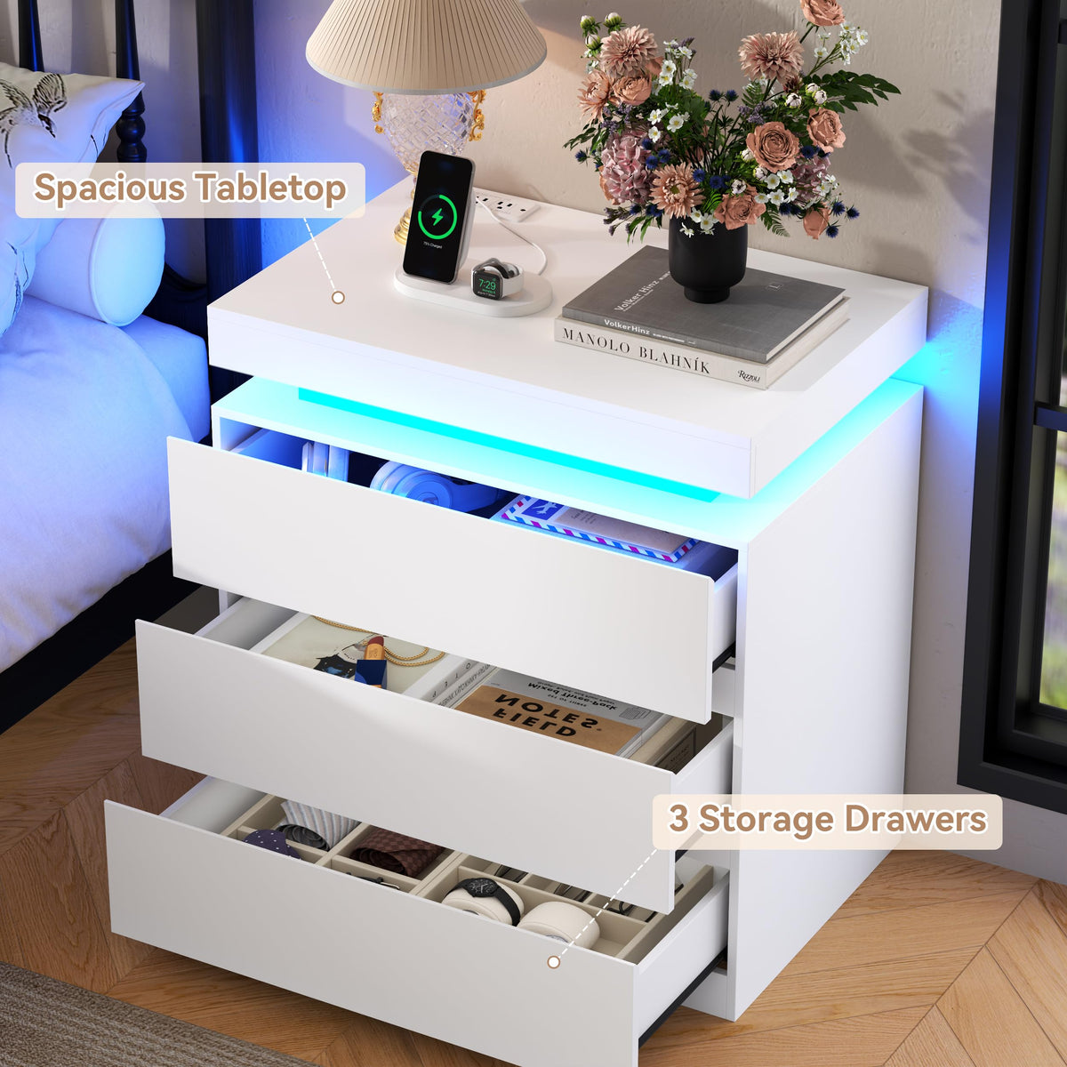 White Nightstand with Charging Station and LED Lights S52358