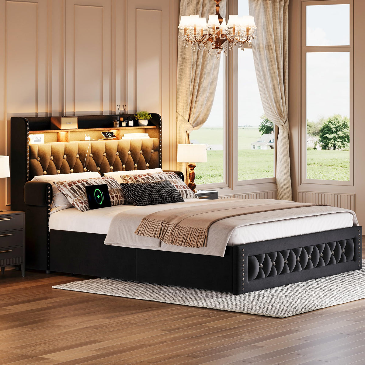 Queen Size Velvet Upholstered Platform Bed with 4 Storage Drawers M539542