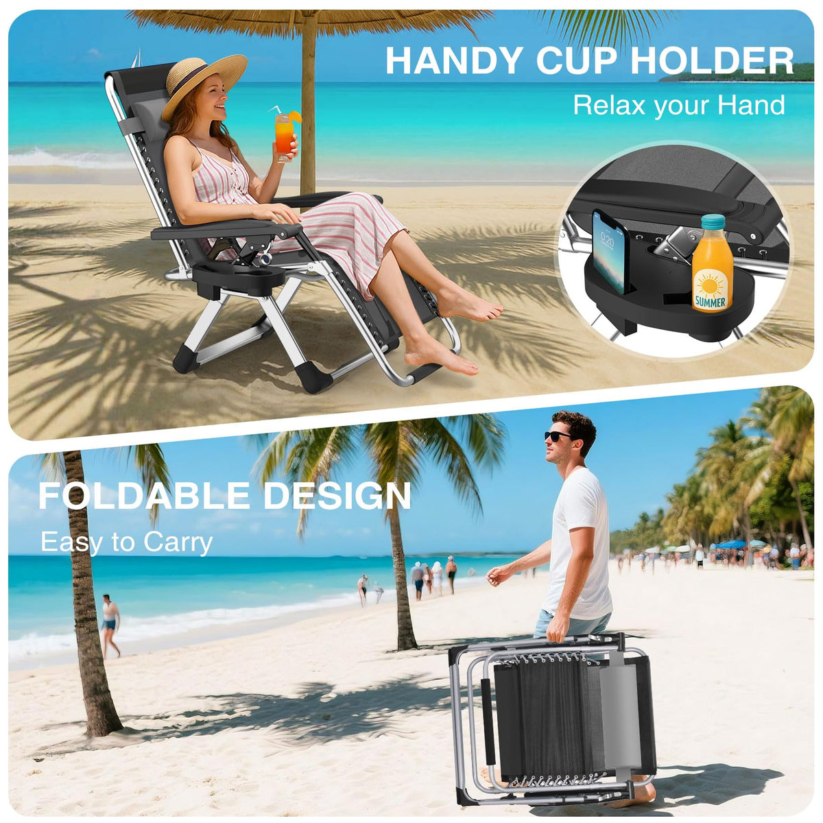Zero Gravity Reclining Camping Lounge Chair with Cup Holder L975544