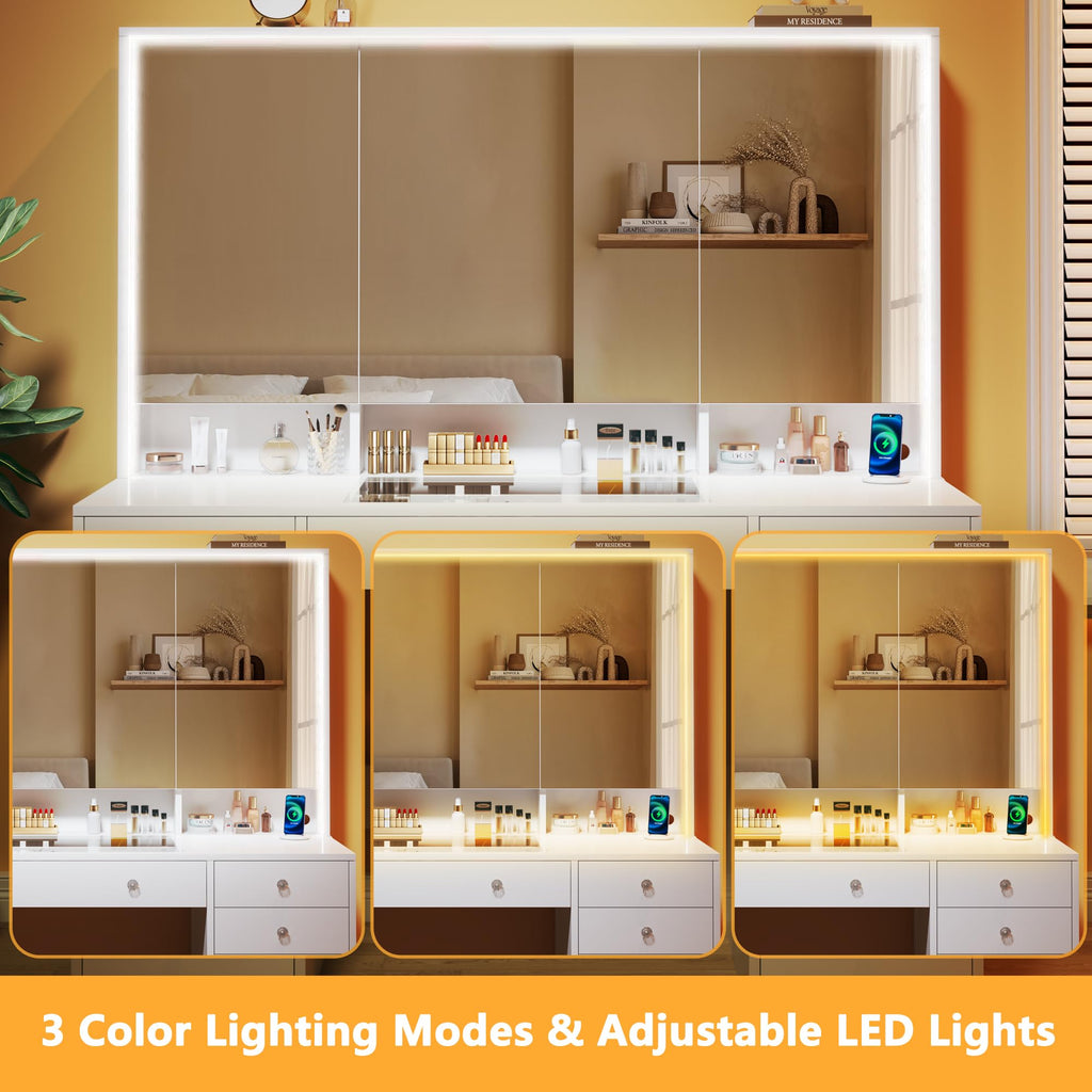 50'' White Glass Top Makeup Vanity with 11 Drawers and LED Mirror U302180