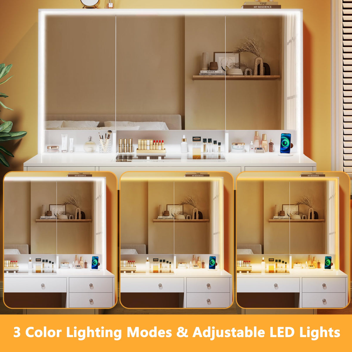 50'' White Glass Top Makeup Vanity with 11 Drawers and LED Mirror U302180
