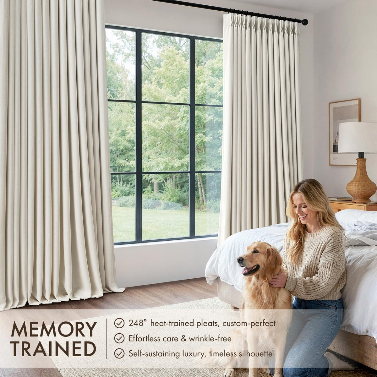 90 Inch Pinch Pleated Blackout Linen Curtains, 2 Panels X650
