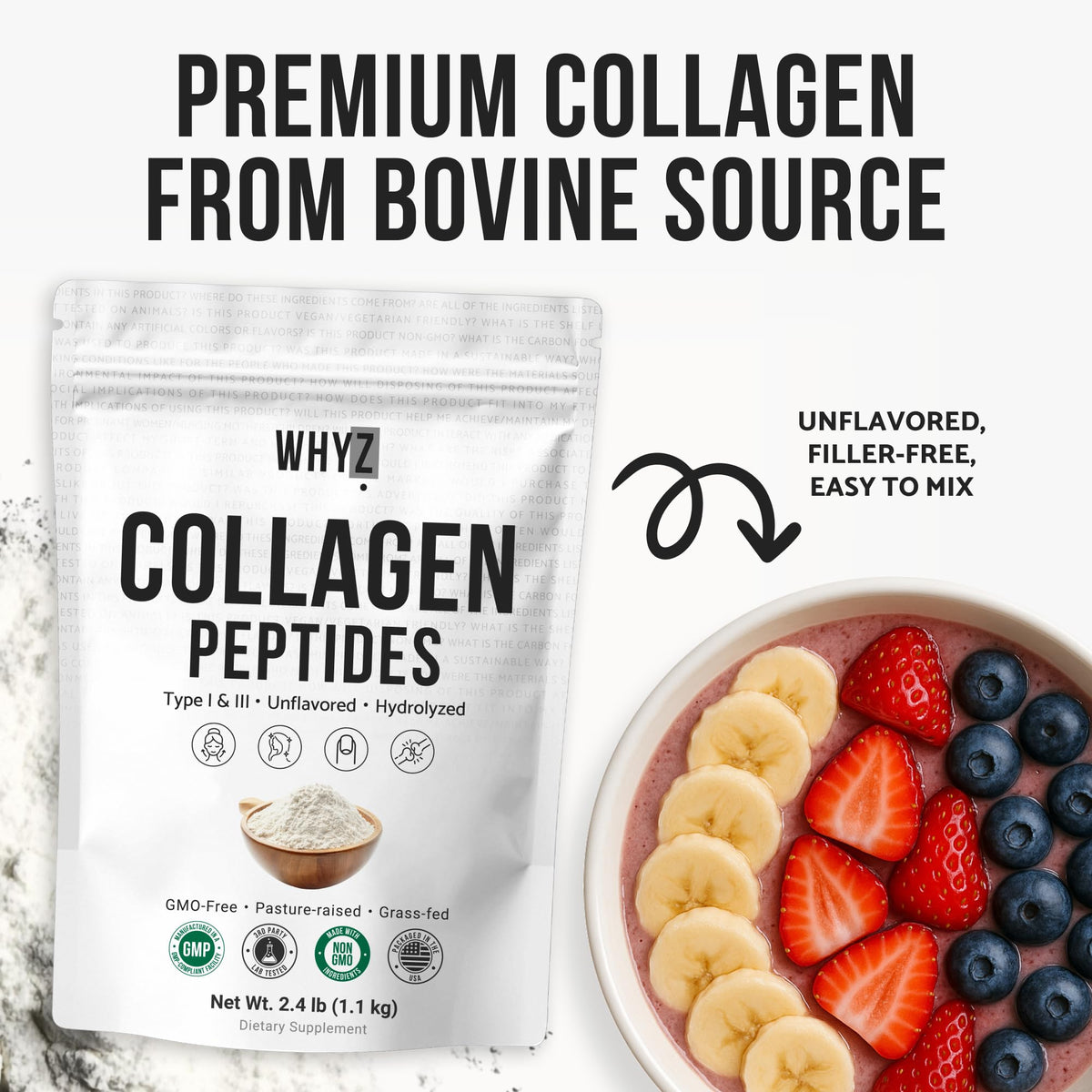 Bovine Collagen Peptides Powder, Hydrolyzed Type I & III, Grass-Fed Unflavored, 2.4lb E569525