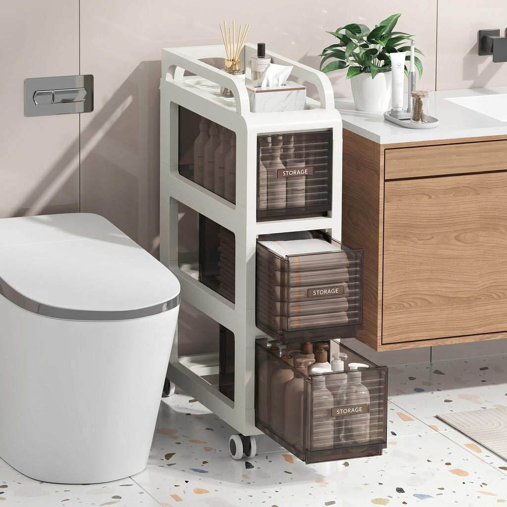 7.87" Wide Slim Bathroom Storage with Drawers and Wheels D921