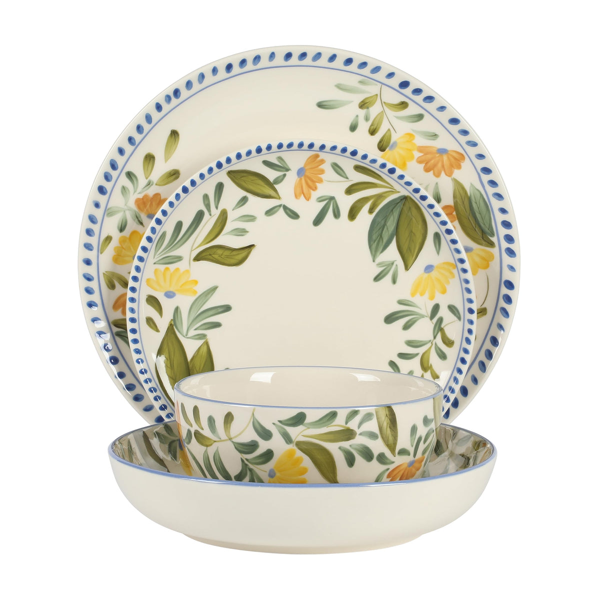 Hand Painted Stoneware Floral Dinnerware Set, Service for Four (16pcs) T1390