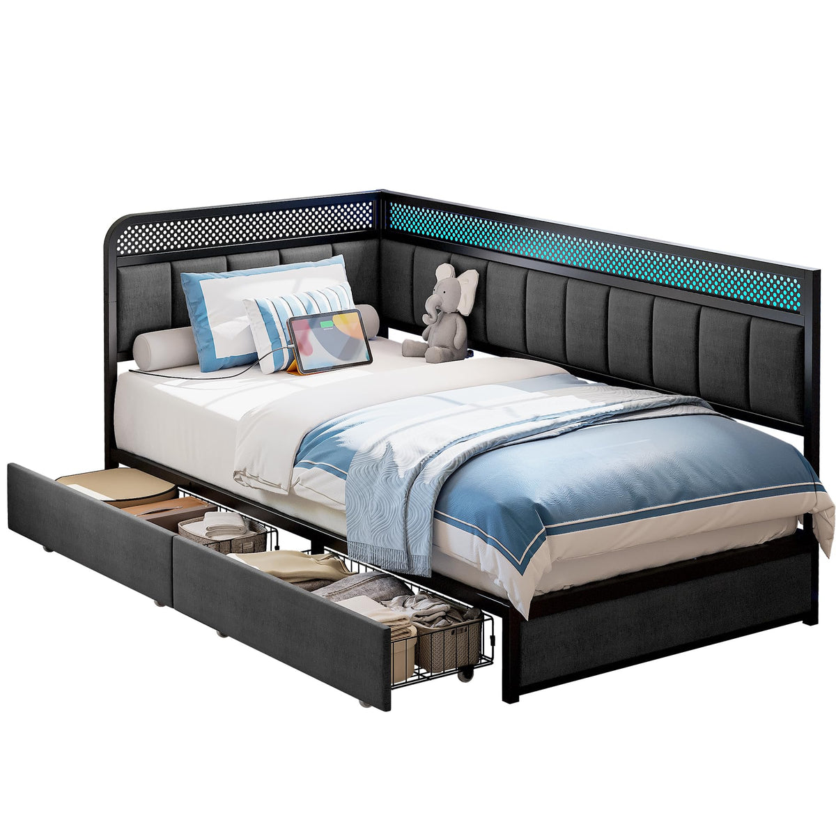 Twin Corner Bed Frame with Upholstered Guardrail Q7466