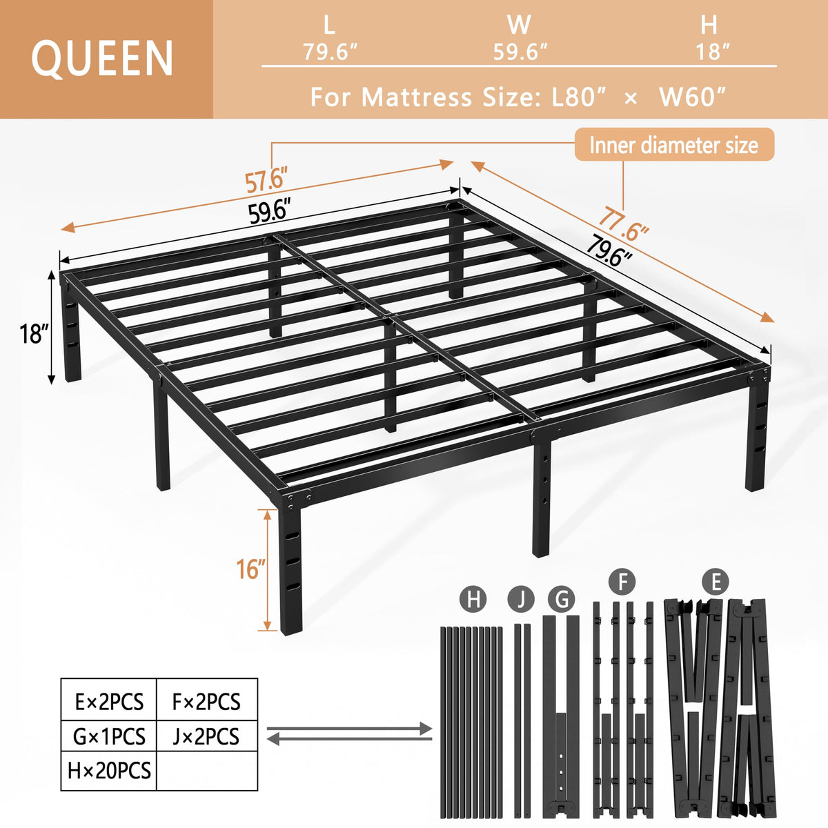Queen Size 18 Inch Metal Bed Frame F52289