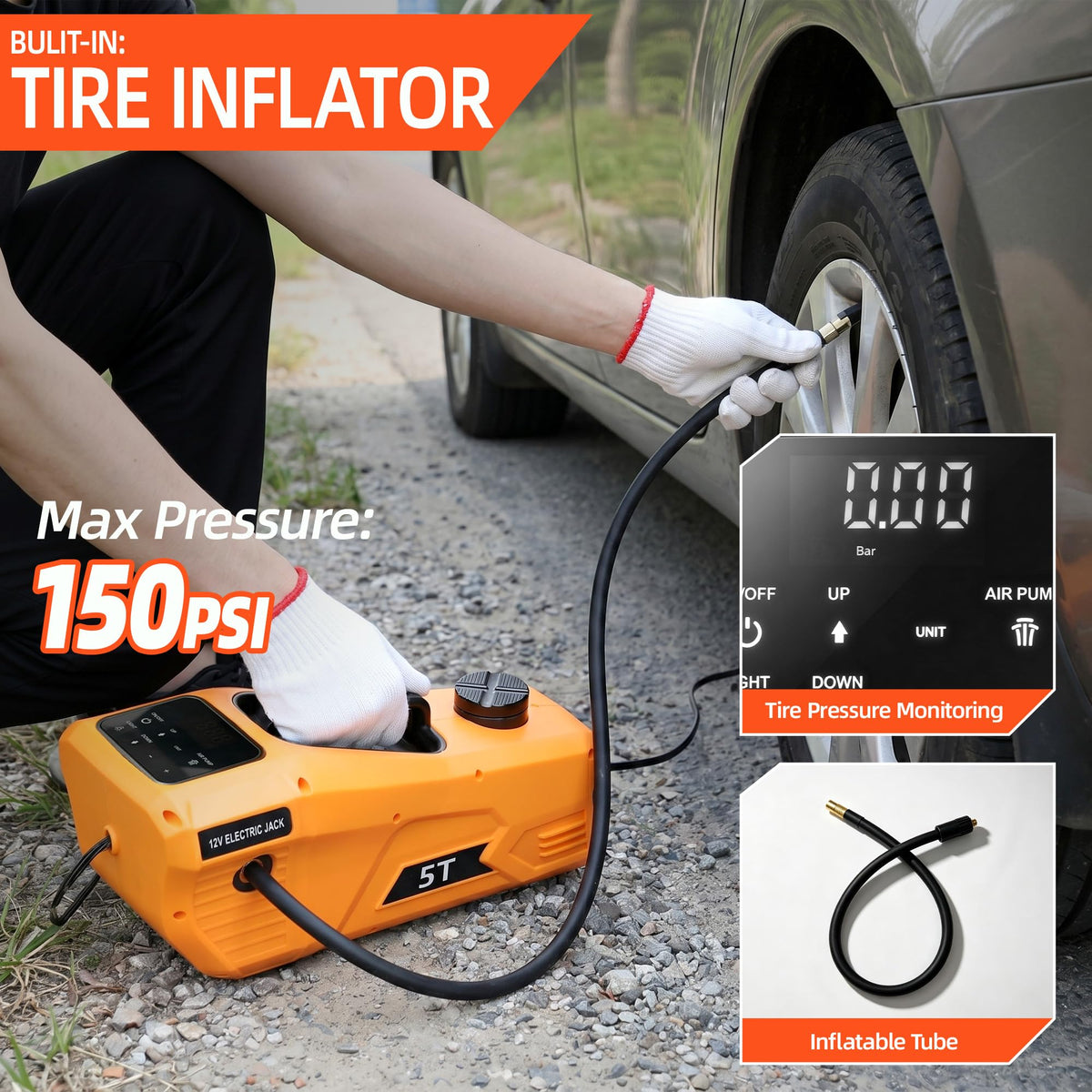 5 Ton 12V Electric Car Jack Kit with Impact Wrench and Tire Inflator Pump O599763