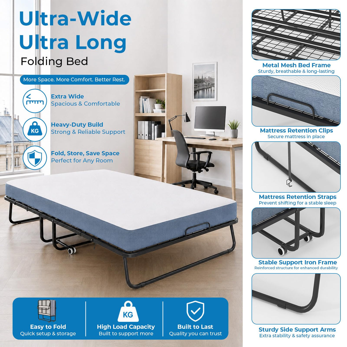Folding Bed with 5" Foam Mattress Queen Size Metal Frame X5512