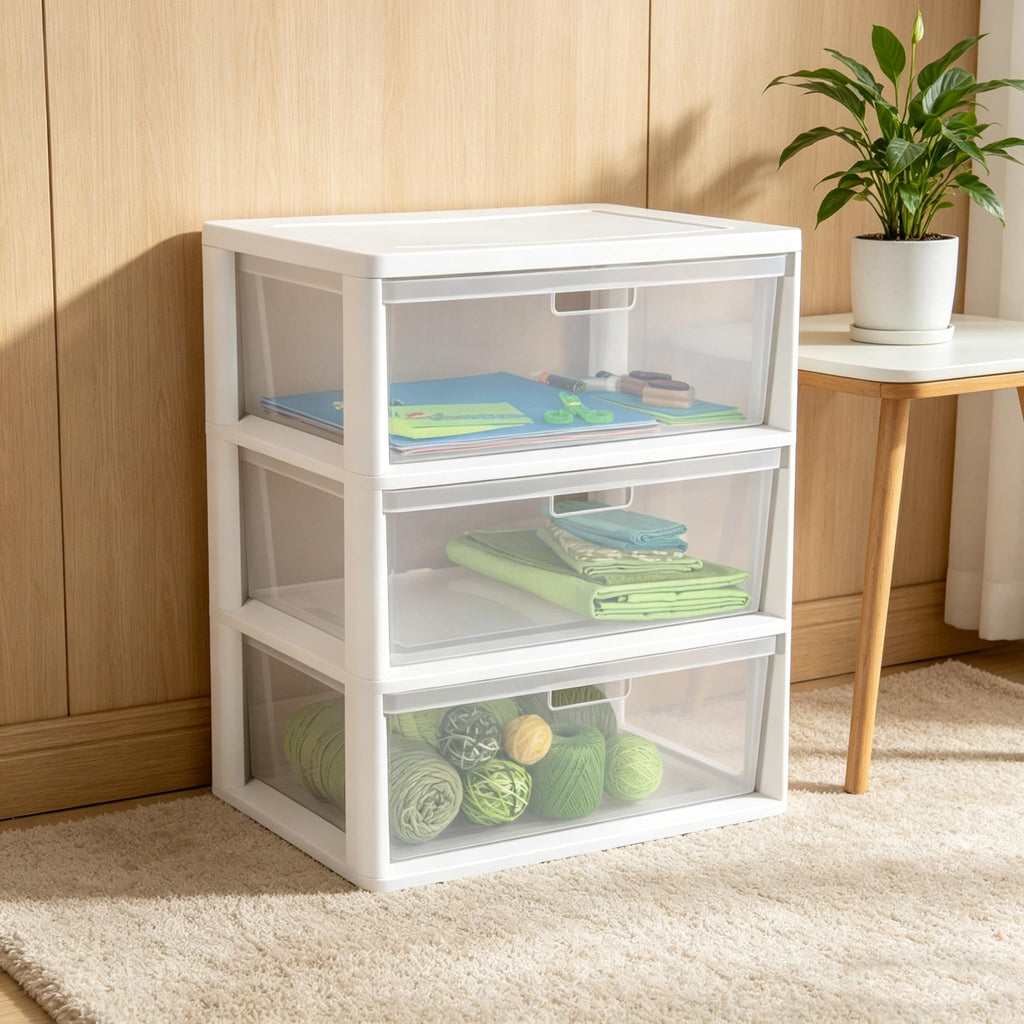 White 3-Drawer Plastic Storage Tower with Clear Bins K7817