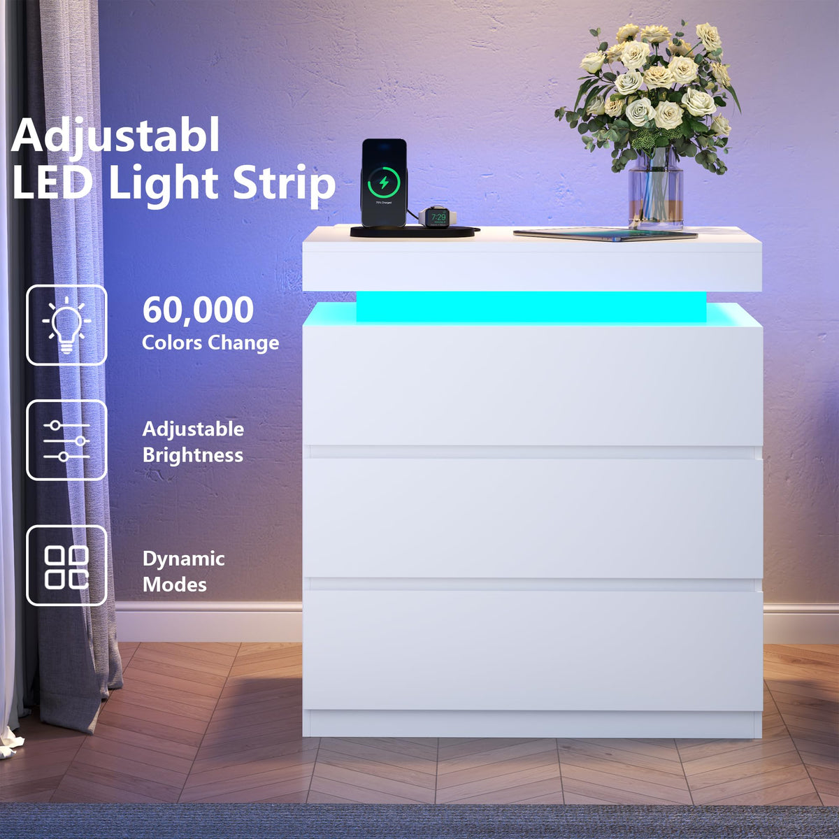 White Nightstand with Charging Station and LED Lights S52358