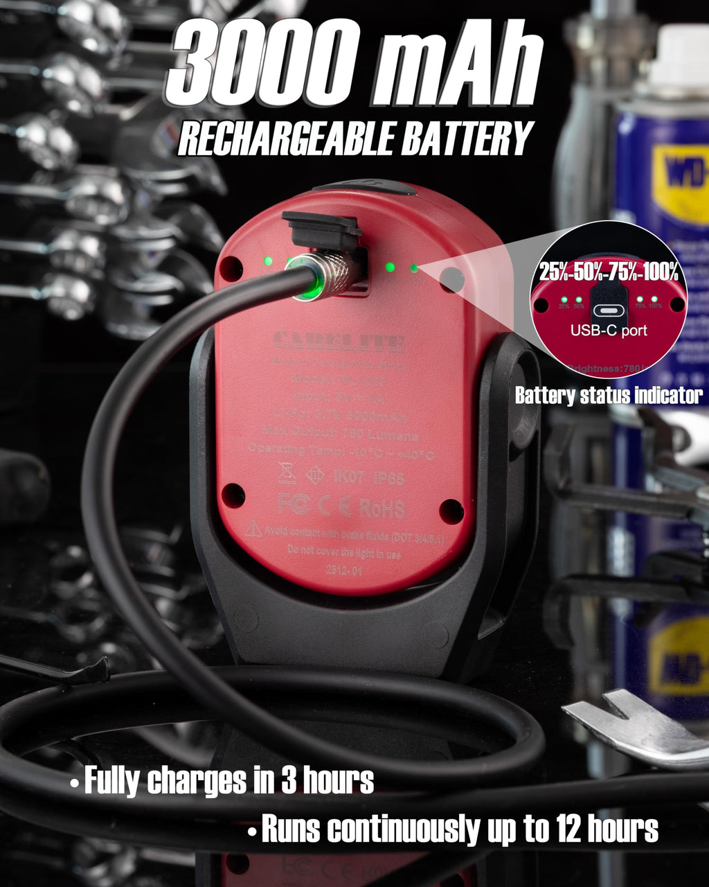 Magnetic Work Light 780 Lumen Rechargeable 3000mAh Red G447426