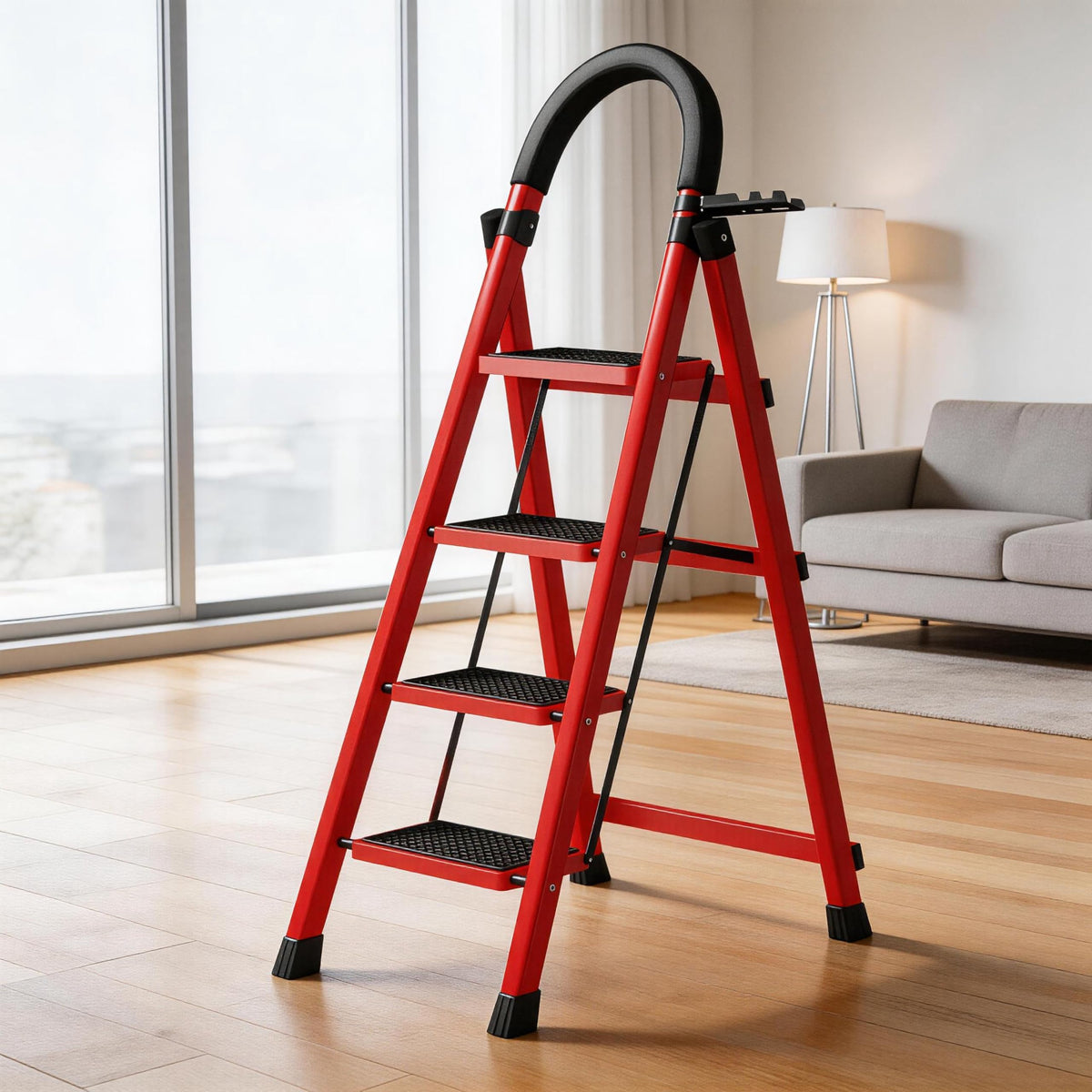 4 Step Folding Ladder with Handrails, Heavy Duty 800 lbs Step Stool U3517