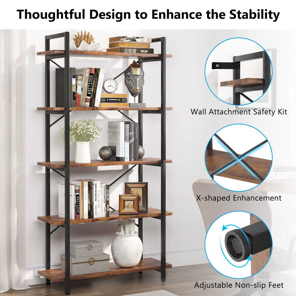 5 Tier Industrial Bookshelf with Metal Frame S925460