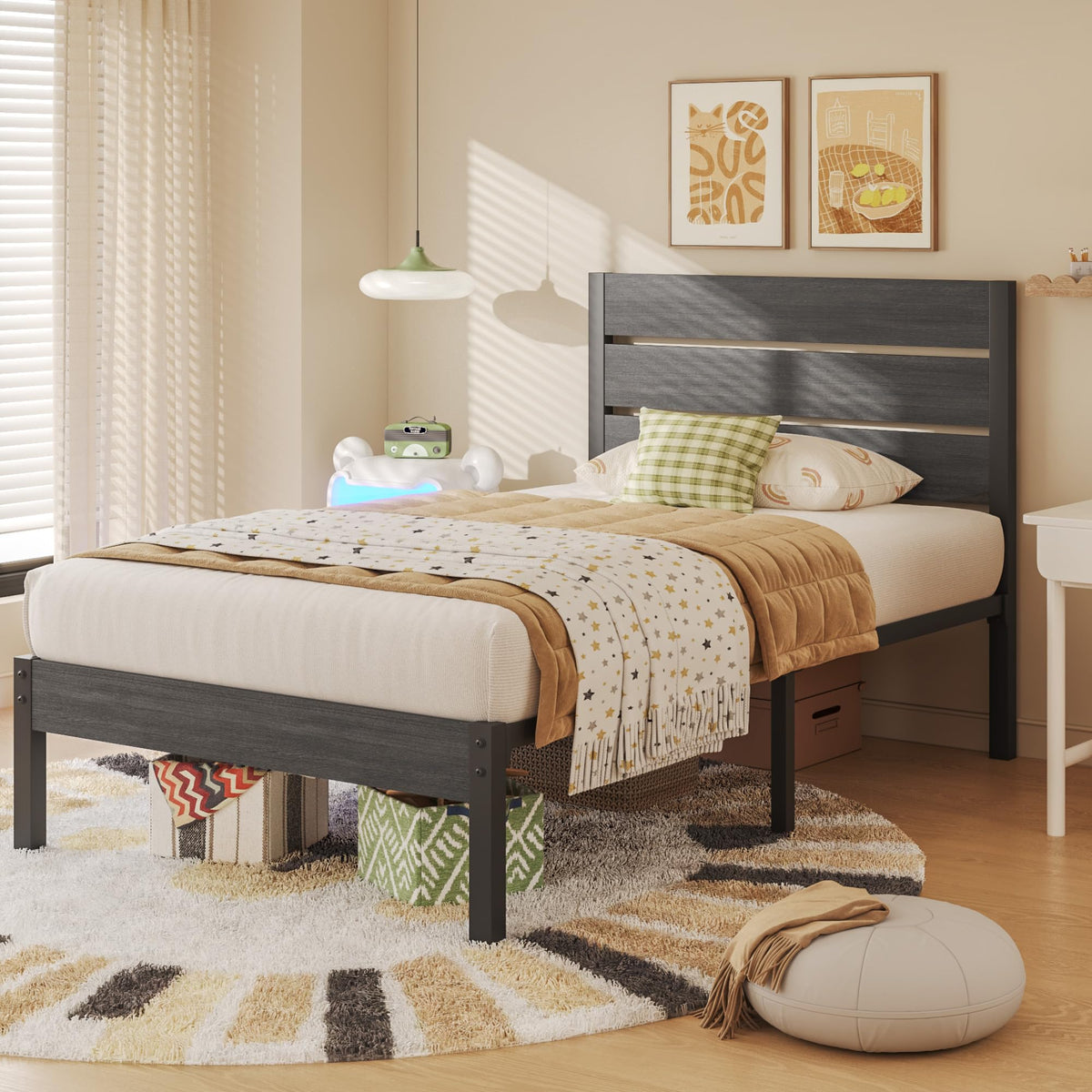 Twin Metal Bed Frame with Headboard and Under Bed Storage M5747
