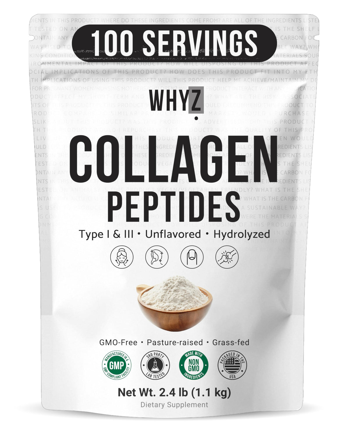 Bovine Collagen Peptides Powder, Hydrolyzed Type I & III, Grass-Fed Unflavored, 2.4lb E569525