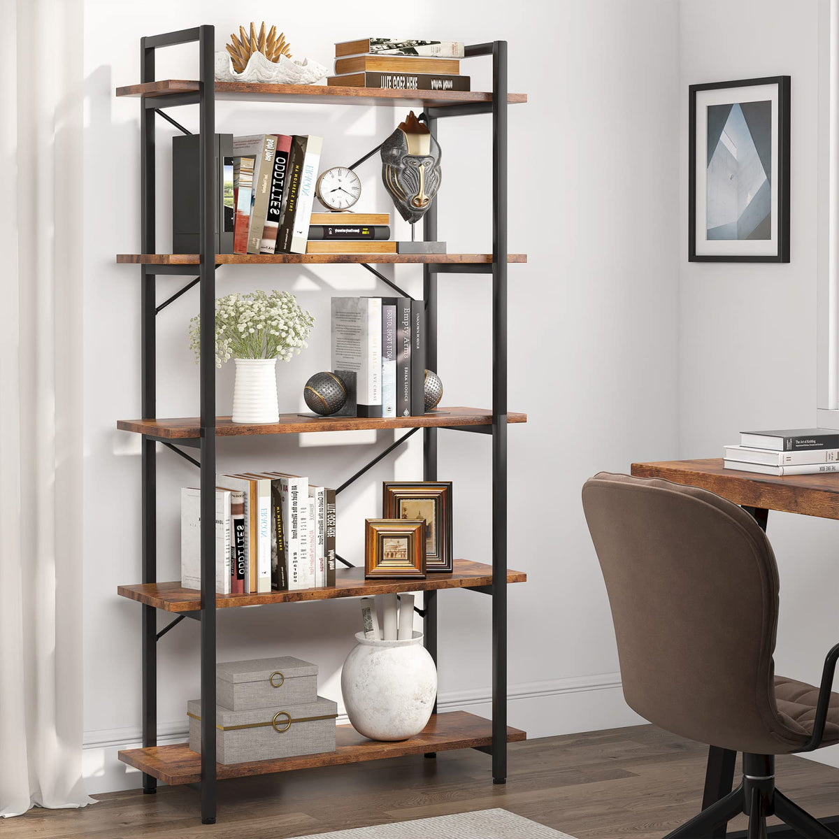 5 Tier Industrial Bookshelf with Metal Frame S925460